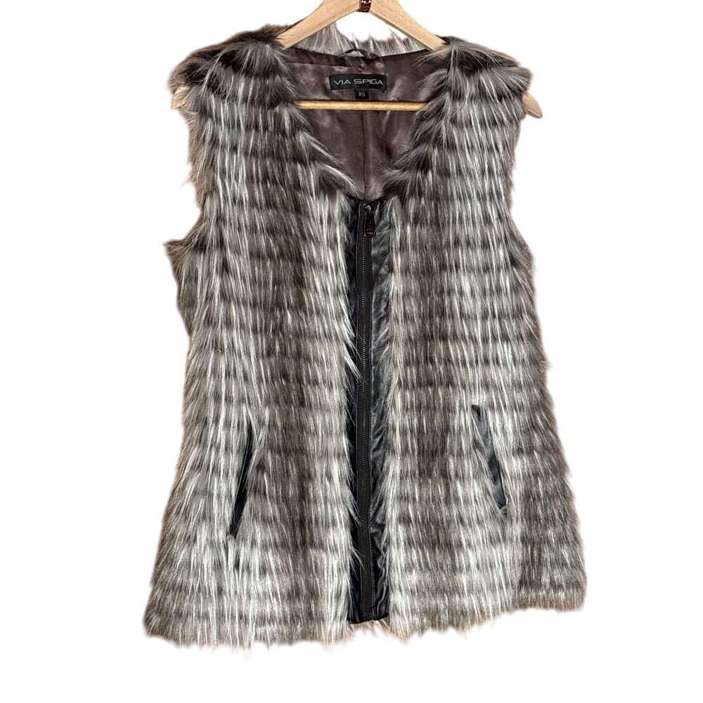 Via Spiga Womens Faux Fur Vest With Faux Black Leather Trim XS